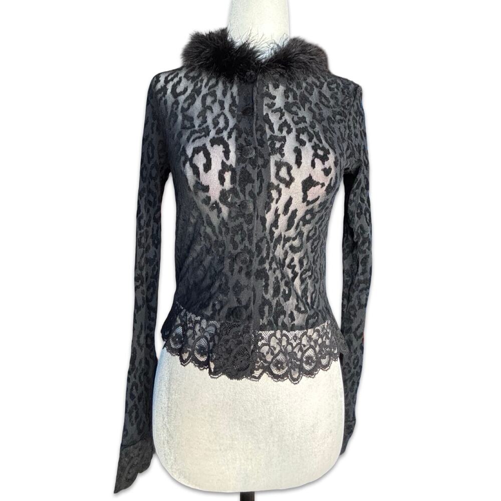 Vintage Ann Ferriday Leopard Print Lace Top Faux Fur Collar Sheer Black Gothic